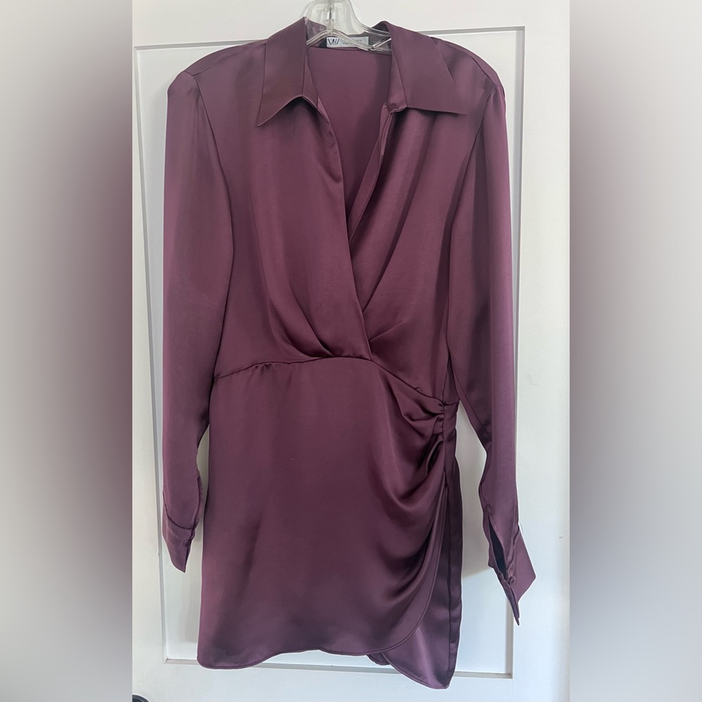 ZARA Eggplant Satin Long Sleeve Collared Minidress